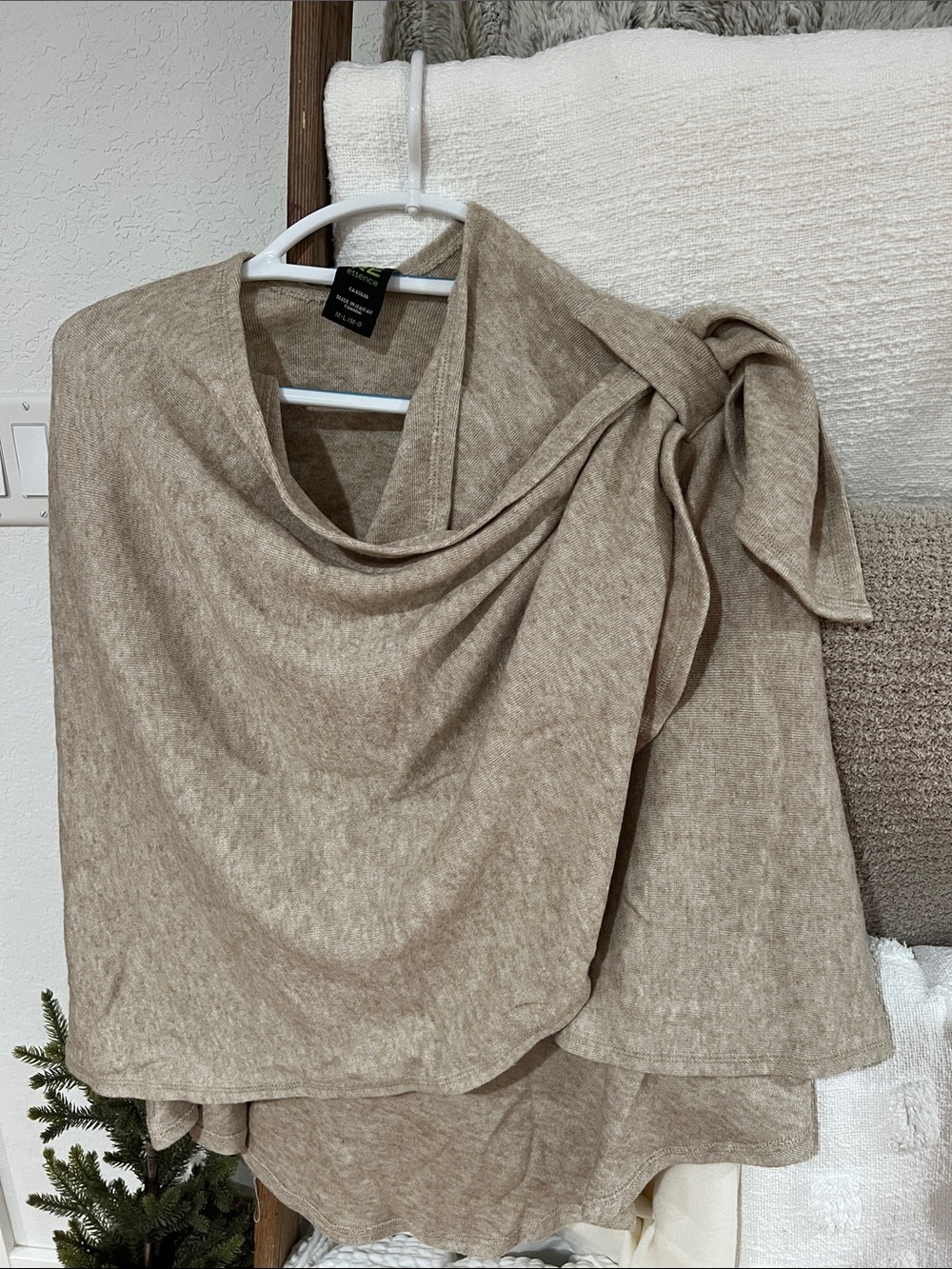 PURE Women’s Beige Knit Shawl Wrap with Side Tie M/L